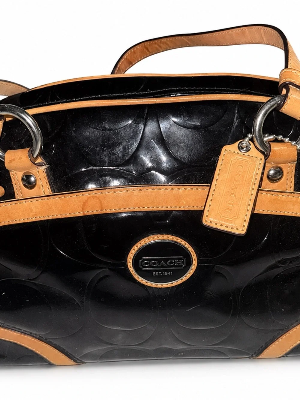 Coach Black Patent Shoulder Bag with Tan Leather Trim